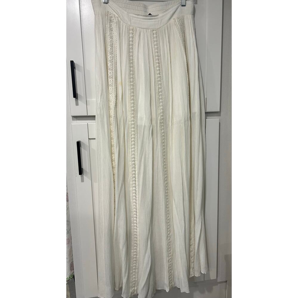 Soloiste Maxi Skirt Boho Chic Cream SZ Lg 90's Crochet Peasant Crinkle Lagenlook